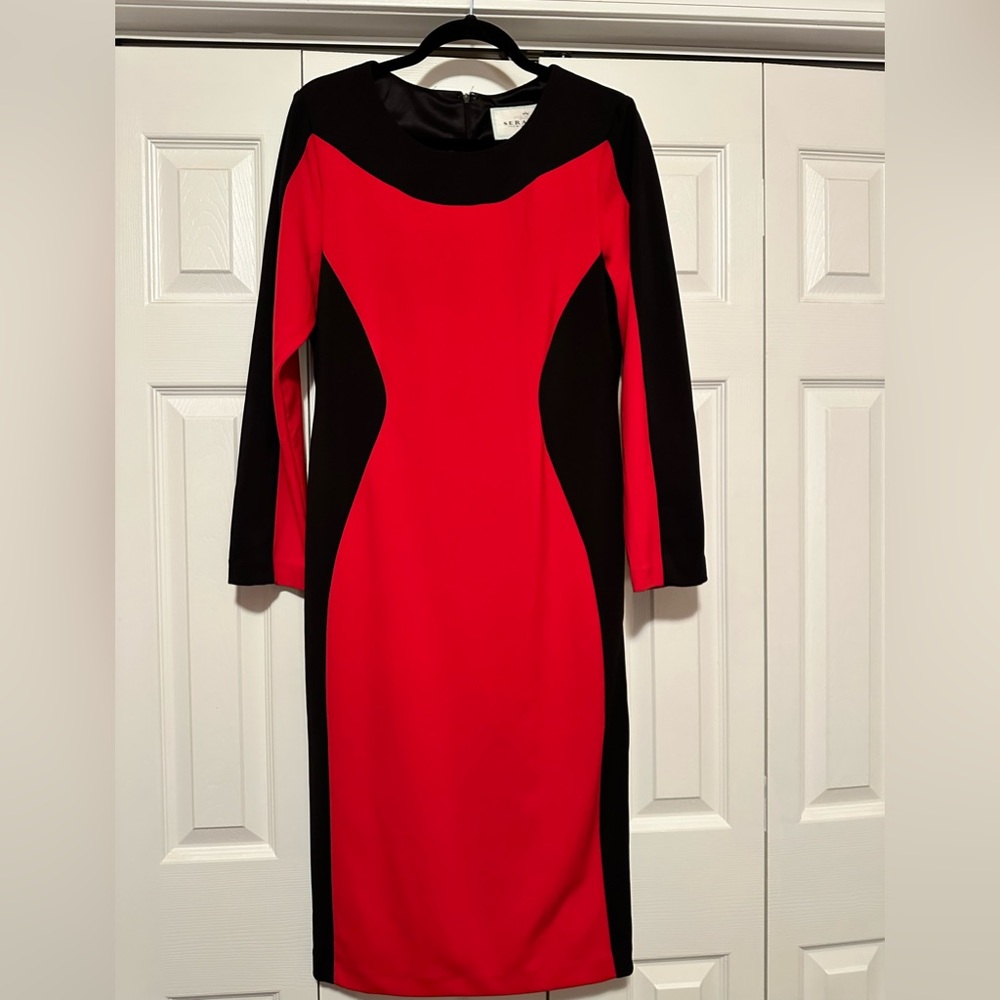 Serafina black and red dress. Size 10. Lined. Stretch.